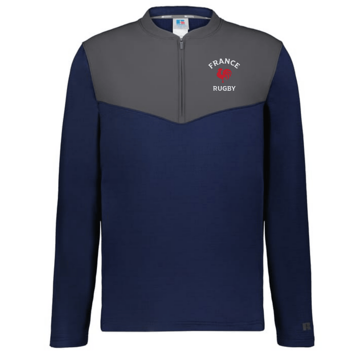The EMB Augusta Nations of Rugby France Sideline Grid 1/4 Zip Pullover features long sleeves, a navy body, gray yoke, and a white and red "France Rugby" logo on the chest.