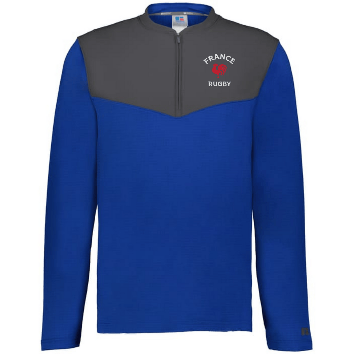 The EMB Augusta Nations of Rugby France Sideline Grid 1/4 Zip Pullover is a blue long-sleeve fleece with a dark gray yoke and "France Rugby" logo featuring a red rooster on the left chest.