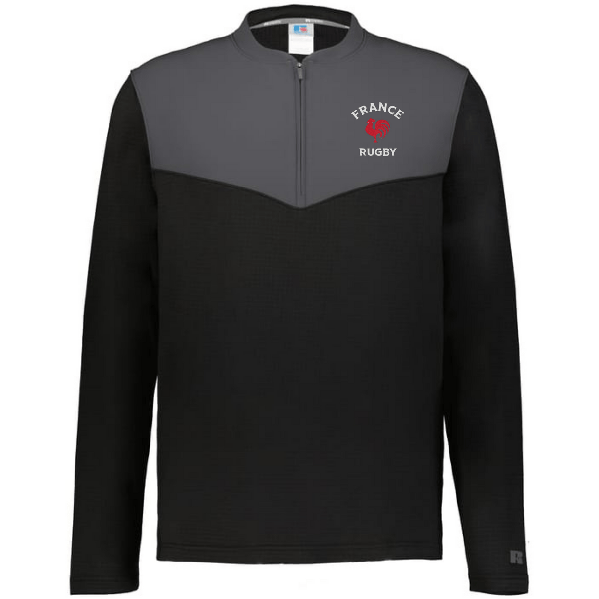 The EMB Augusta Nations of Rugby France Sideline Grid 1/4 Zip Pullover is a black and gray fleece featuring "FRANCE RUGBY" and a red rooster emblem on the left chest.
