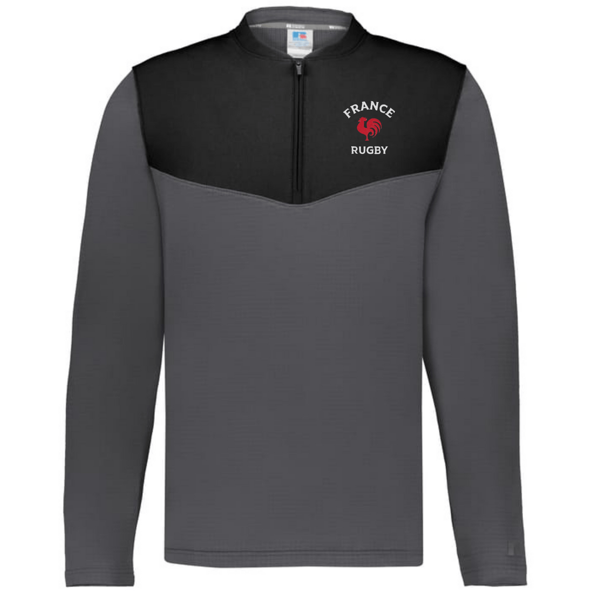 The EMB Augusta Nations of Rugby France Sideline Grid 1/4 Zip Pullover is a long-sleeve gray and black fleece with a "France Rugby" logo on the left chest and a 1/4 zip collar.