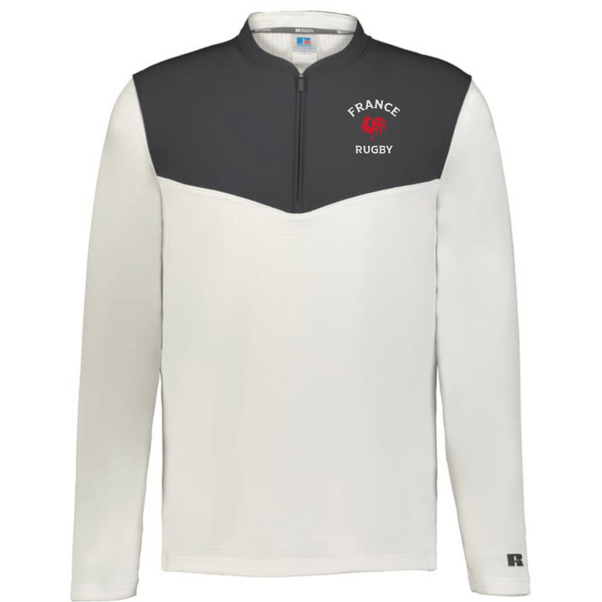 The EMB Augusta Nations of Rugby France Sideline Grid 1/4 Zip Pullover is a white and dark gray fleece with "FRANCE RUGBY" on the left chest and a red rooster logo.