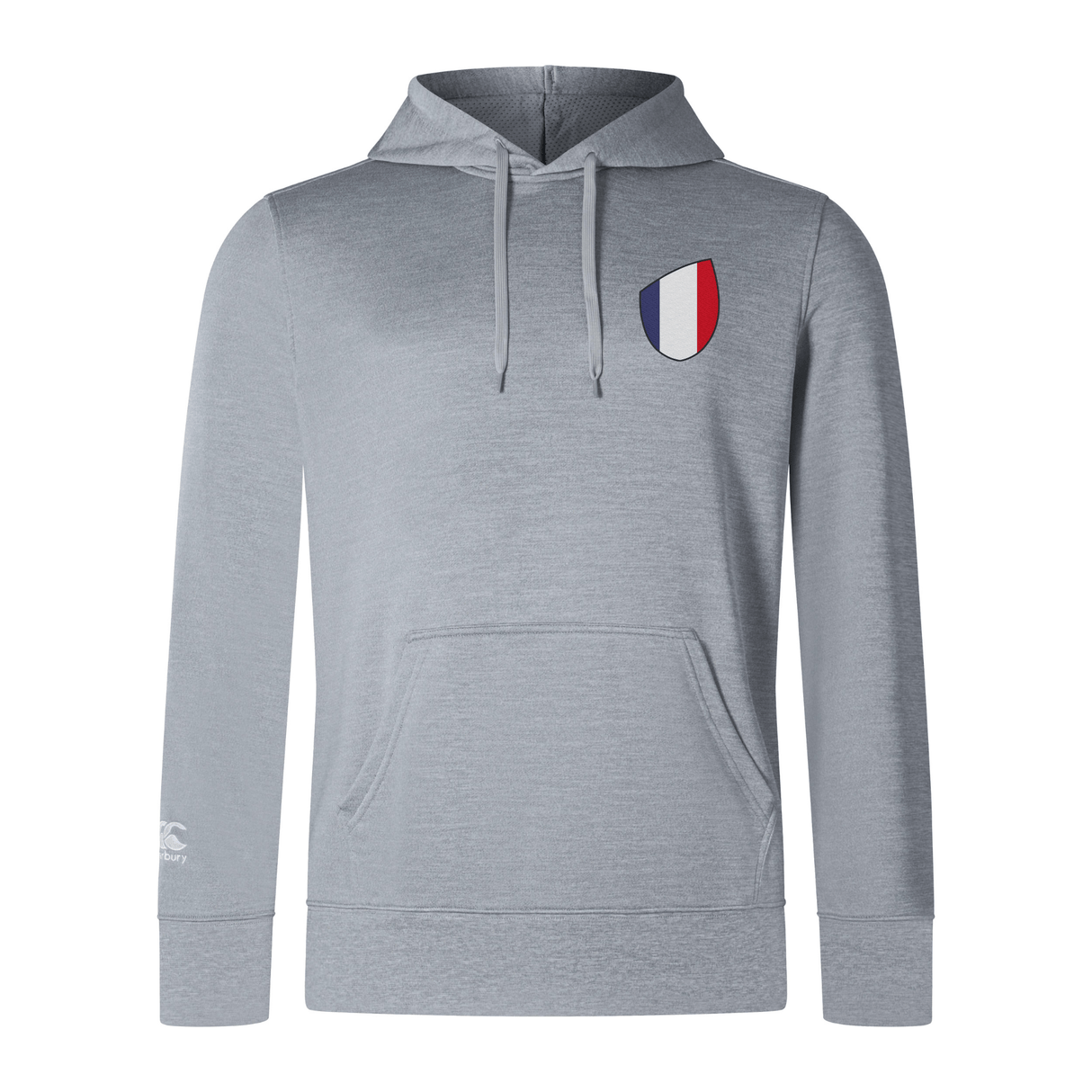 The EMB Canterbury France Shield Club Lightweight Hoodie is a gray hoodie with a front pocket and drawstrings, featuring a chest France shield crest with vertical red, white, and blue stripes—ideal for rugby fans.