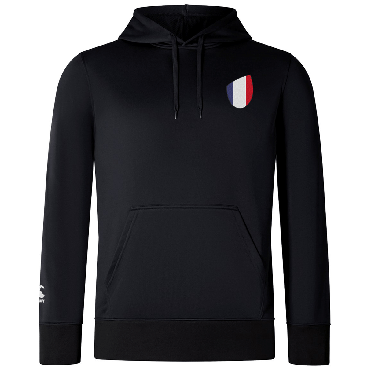 The EMB Canterbury France Shield Club Lightweight Hoodie is a lightweight black hoodie with front pocket and drawstrings, featuring a red, white, and blue France shield emblem on the left chest—ideal for rugby supporters.