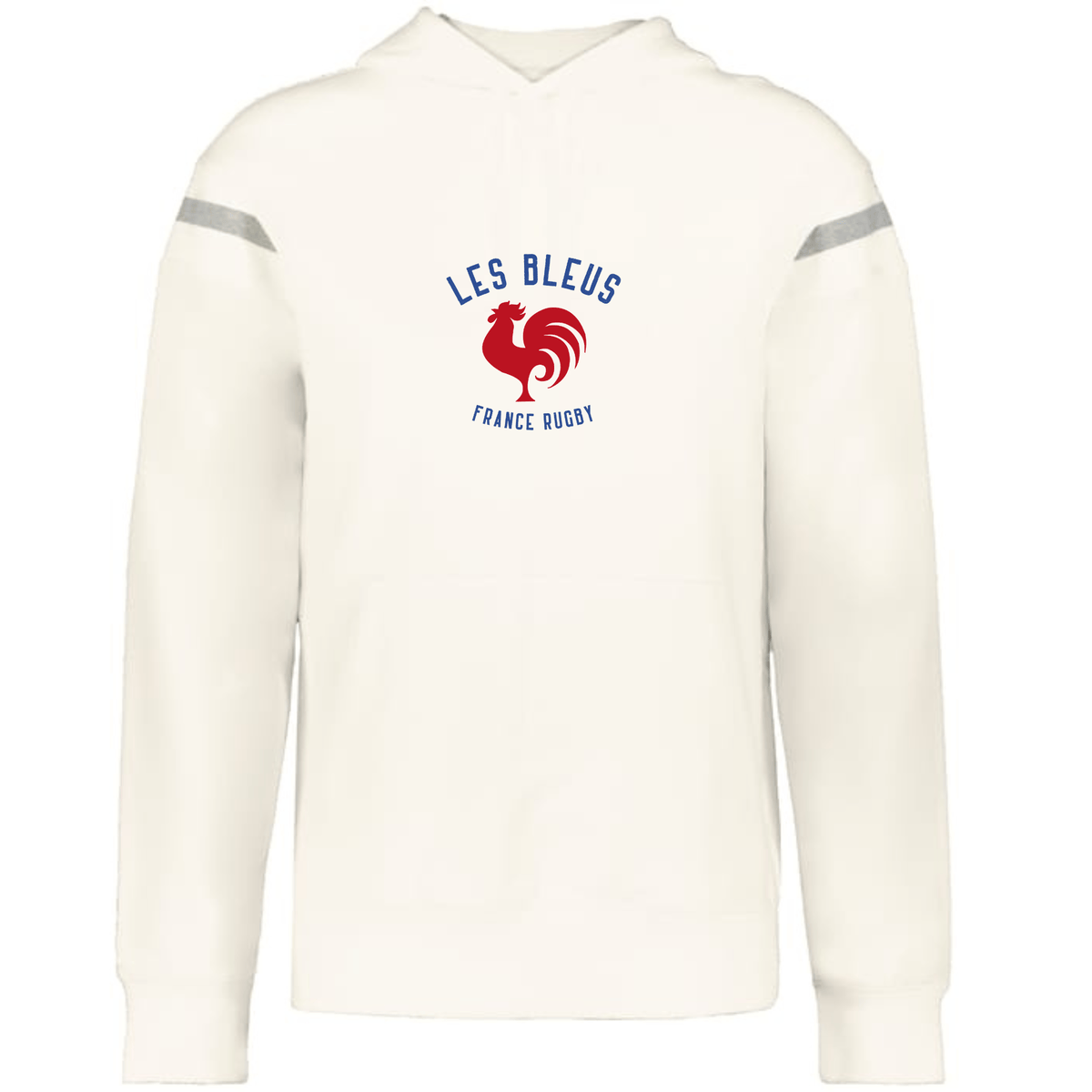 The Les Bleus Heritage Prep Vintage Shield Hoodie by WRS Augusta is a white French terry rugby hoodie with "LES BLEUS FRANCE RUGBY" text, red rooster graphic on the chest, and grey sleeve stripes—ideal for fans of classic heritage style.