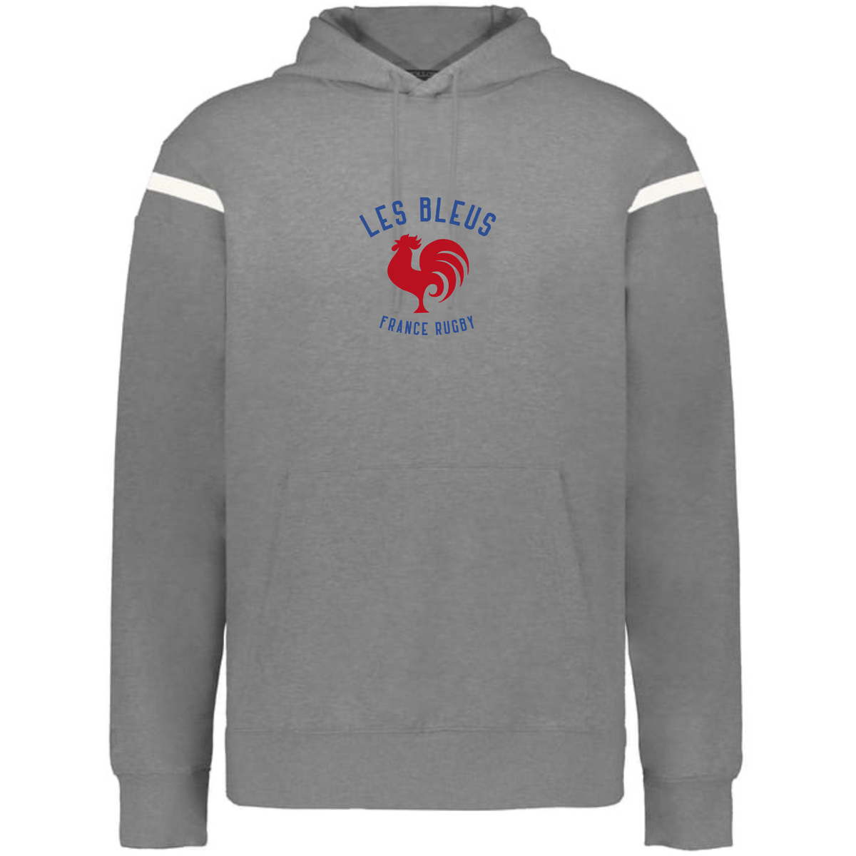 The WRS Augusta Les Bleus Heritage Prep Vintage Shield Hoodie features gray French terry fabric, white sleeve stripes, a red rooster, and blue "LES BLEUS FRANCE RUGBY" chest text for classic rugby style.