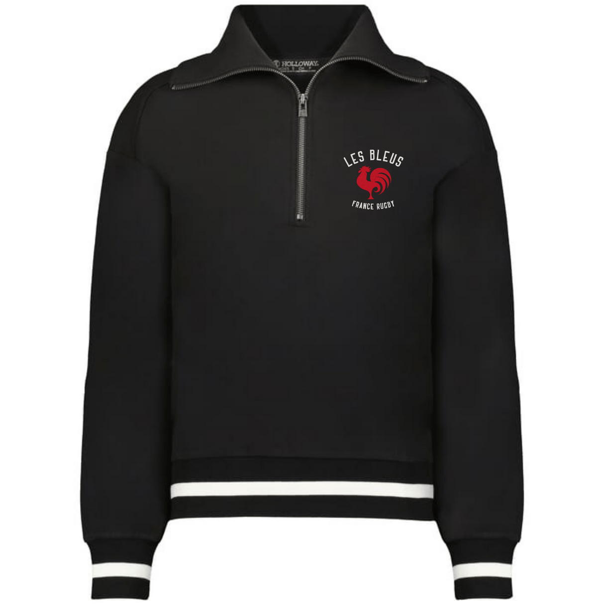 The EMB Augusta Women's Vintage Les Bleus Heritage Prep Pullover is a black quarter-zip with white striped cuffs and hem, red rooster logo, and "LES BLEUS FRANCE RUGBY" on the left chest.