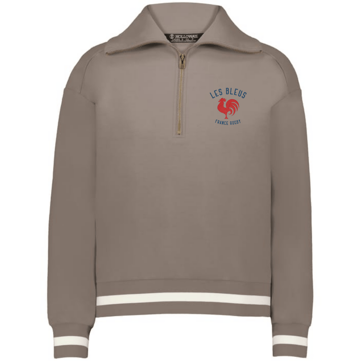 The EMB Augusta Women's Vintage Les Bleus Heritage Prep Pullover features a taupe quarter-zip design with white stripes and a “LES BLEUS FRANCE OUEST” logo with a red rooster on the left chest.