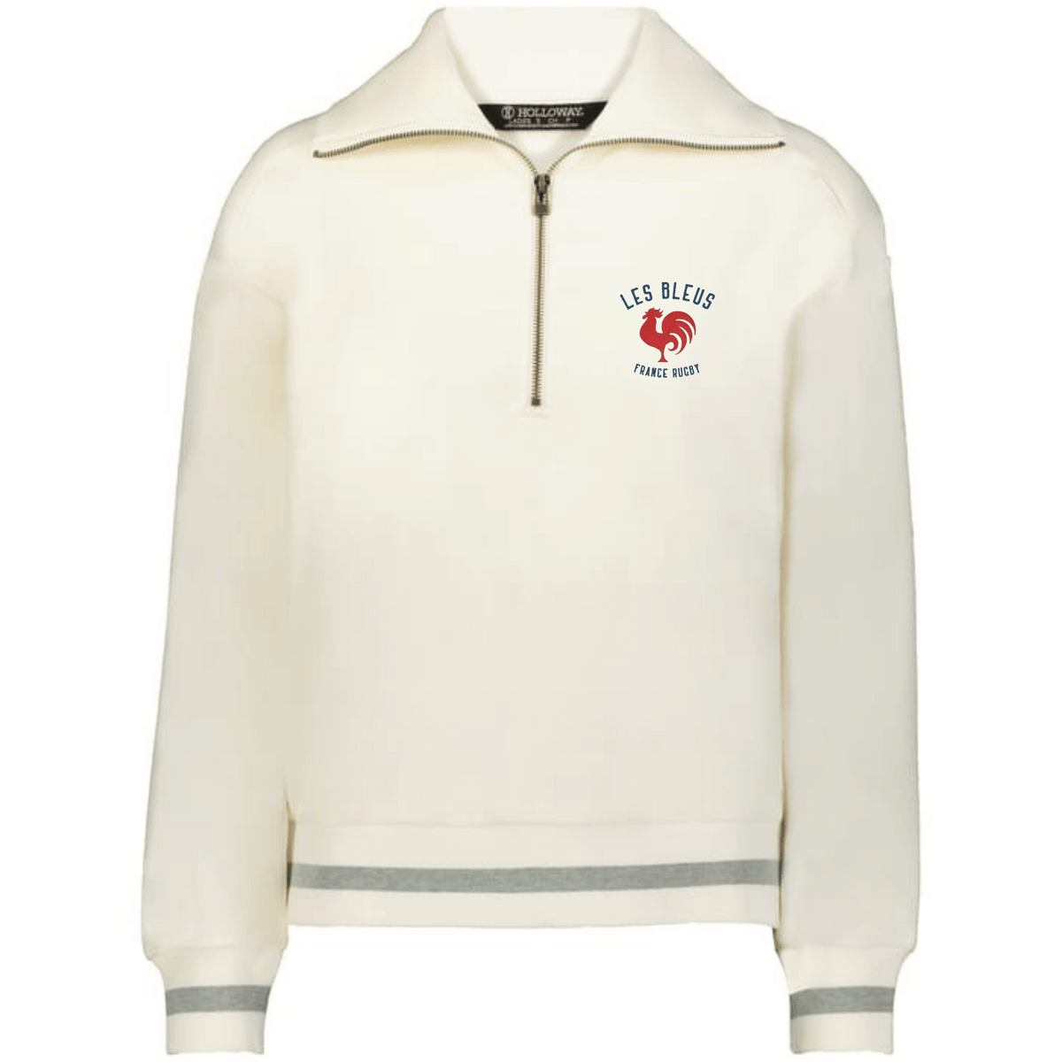 The EMB Augusta Women's Vintage Les Bleus Heritage Prep Pullover in cream features gray-striped cuffs and hem, a quarter-zip design, and a "Les Bleus France Rugby" logo with red rooster on the left chest.