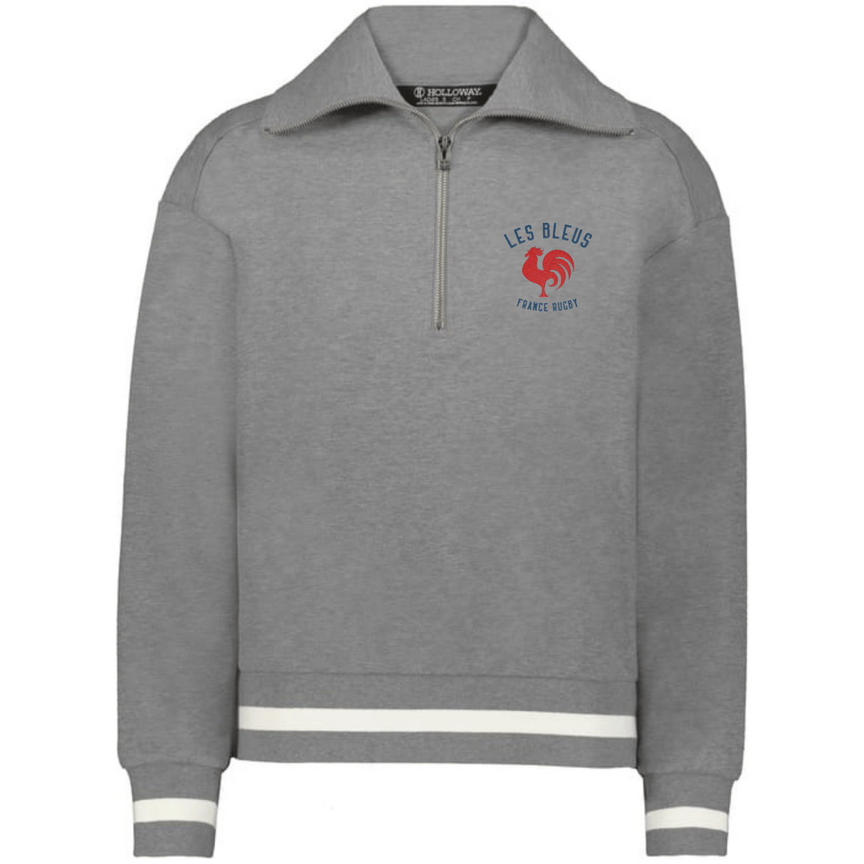 The EMB Augusta Women's Vintage Les Bleus Heritage Prep Pullover is a gray quarter-zip with white striped cuffs and hem, plus a red rooster and “LES BLEUS FRANCE RUGBY” on the chest—celebrating classic women's rugby pride.