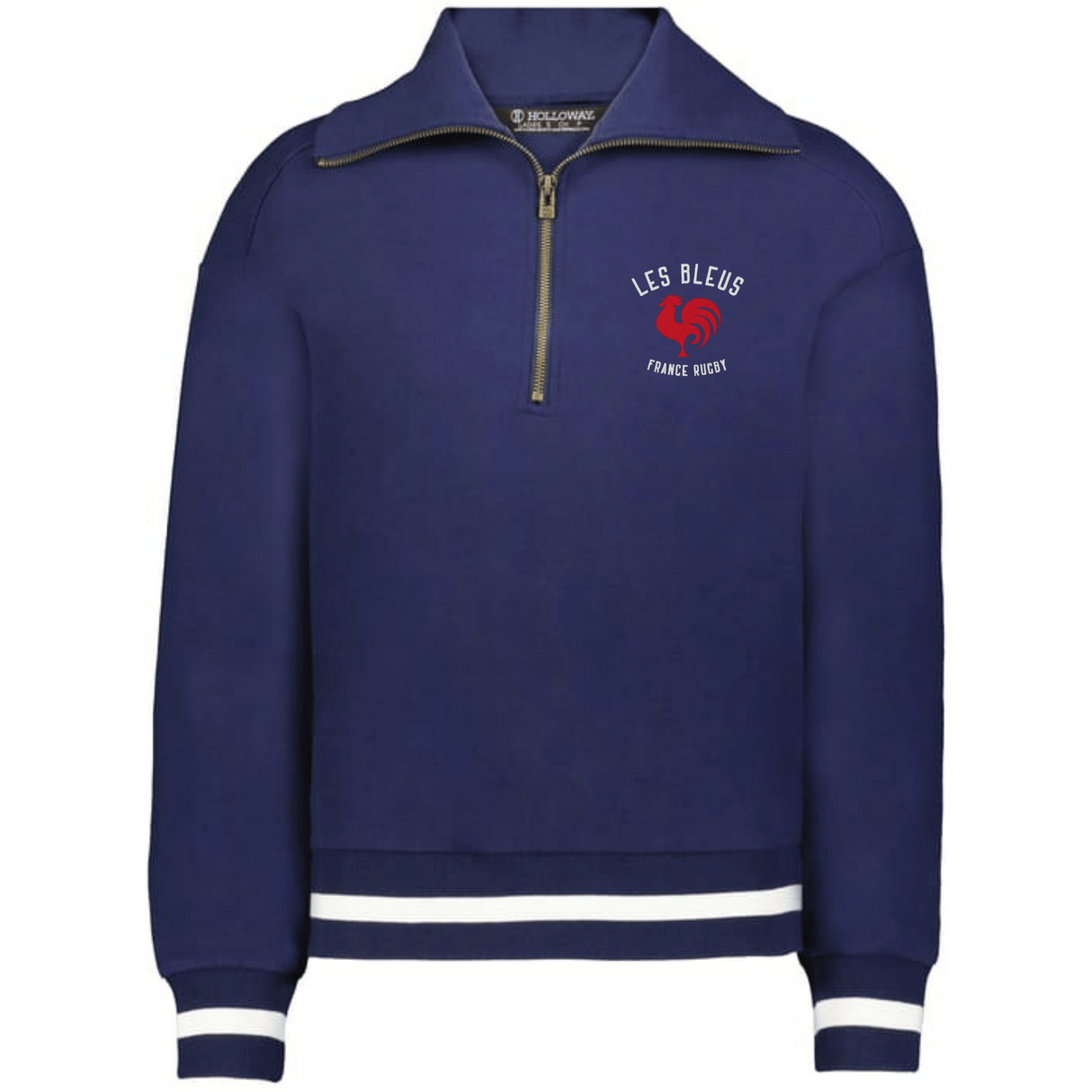 The EMB Augusta Women's Vintage Les Bleus Heritage Prep Pullover features a navy quarter-zip with white stripes and a "LES BLEUS FRANCE RUGBY" logo plus red rooster on the left chest for classic sporty style.