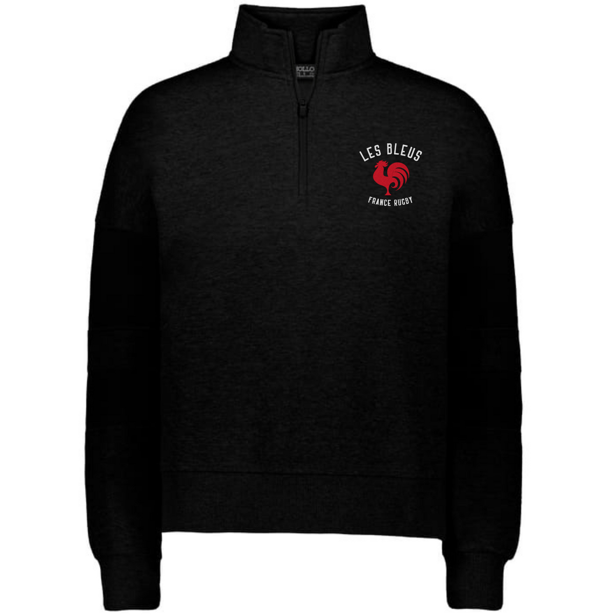 The EMB Augusta Women's Les Bleus Jackson Way Pullover features "LES BLEUS," "FRANCE RUGBY" text, and a red rooster emblem on the left chest—ideal rugby apparel combining style and comfort for fans.