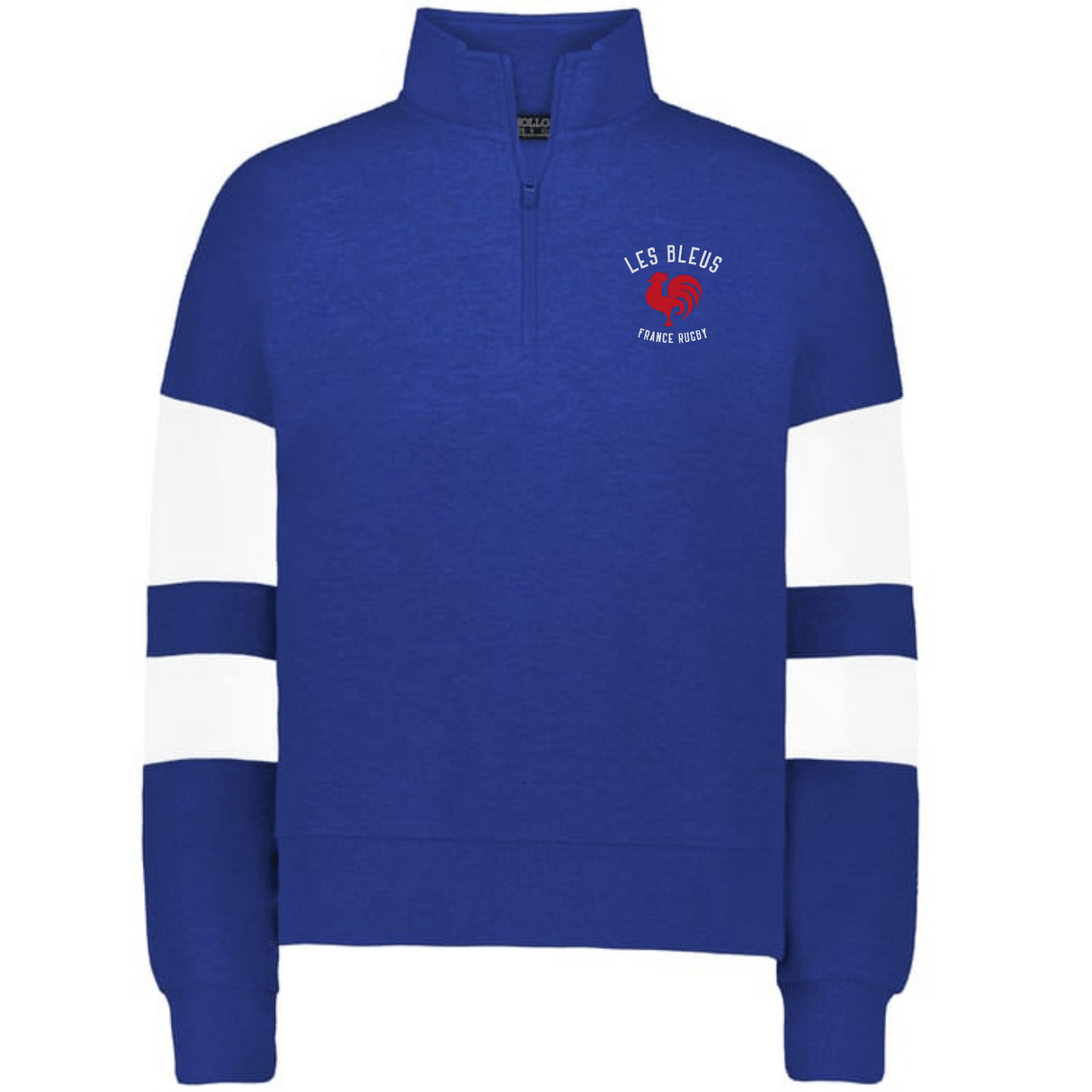The EMB Augusta Women's Les Bleus Jackson Way Pullover is a blue rugby sweatshirt featuring white striped sleeves and "Les Bleus France Rugby" with a red rooster emblem on the left chest.