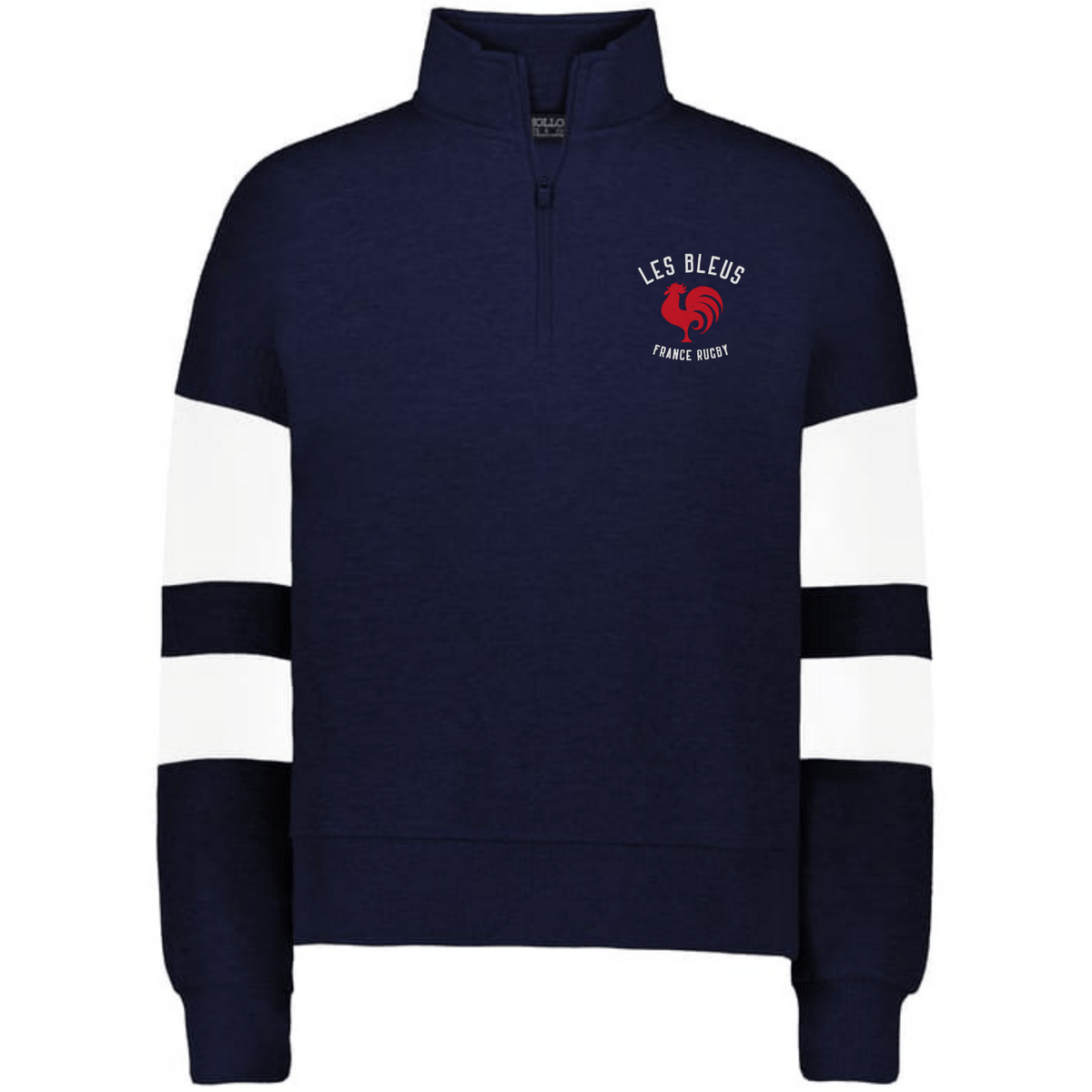The EMB Augusta Women's Les Bleus Jackson Way Pullover is a navy quarter-zip with white sleeve stripes and a "LES BLEUS FRANCE RUGBY" logo featuring a red rooster on the left chest.