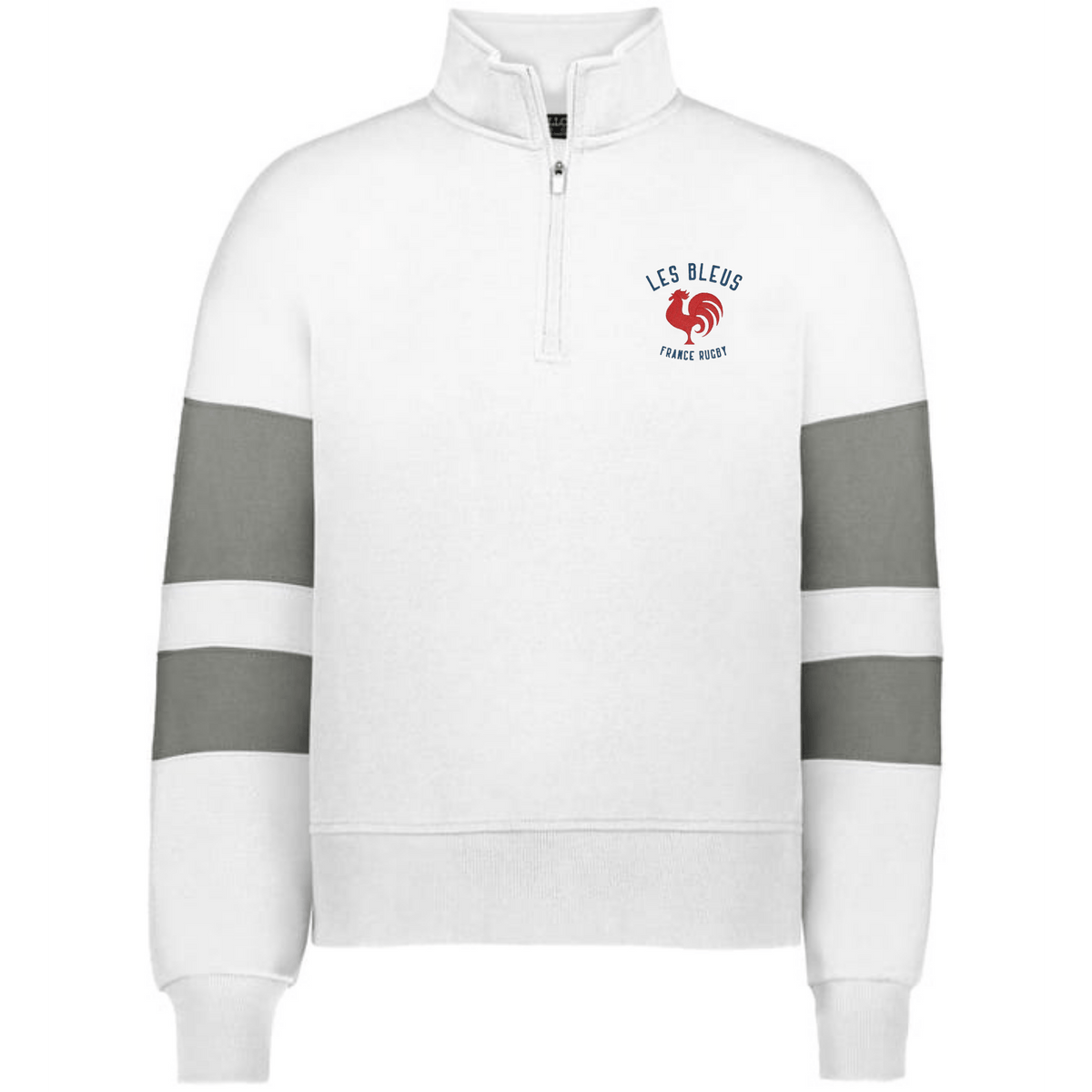 The EMB Augusta Women's Les Bleus Jackson Way Pullover is a white cropped quarter-zip fleece with grey sleeve stripes and a "Les Bleus France Rugby" logo with red rooster—ideal for rugby fans.