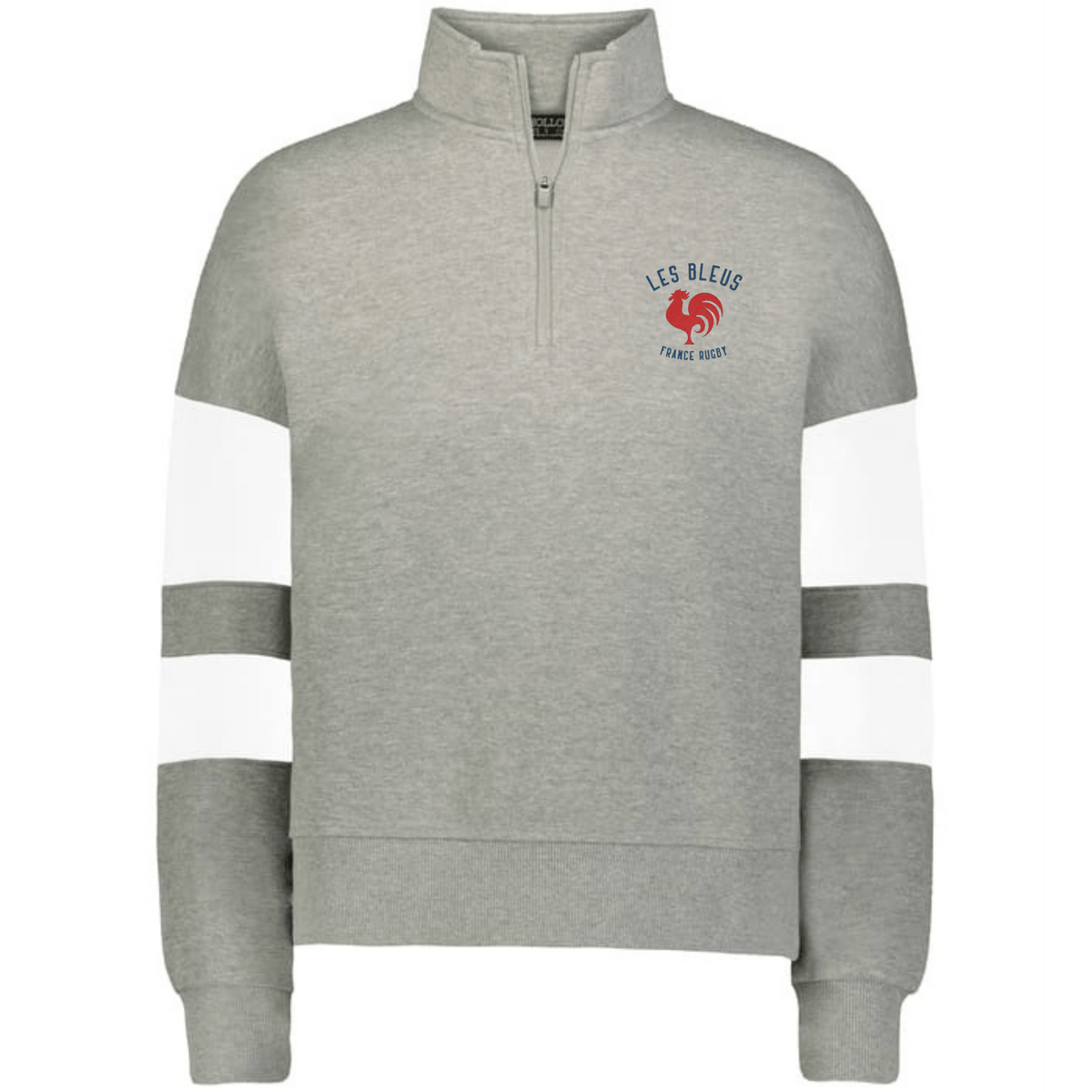 The EMB Augusta Women's Les Bleus Jackson Way Pullover is a grey cropped fleece quarter-zip with white sleeve stripes and a "Les Bleus Fiers d’être Bleus" logo with red rooster on the chest—ideal for rugby fans.