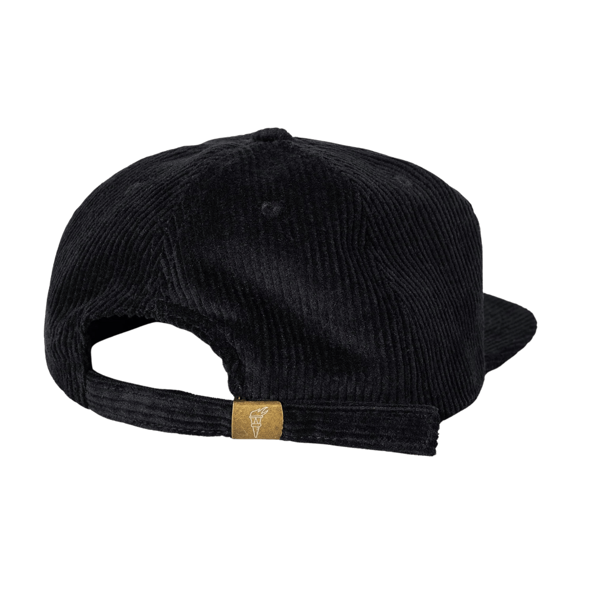 The Weld Corduroy Field Trip Hat in black is shown from the back with an adjustable strap, brass buckle, and small tan tag—blending vintage workwear style with modern details.