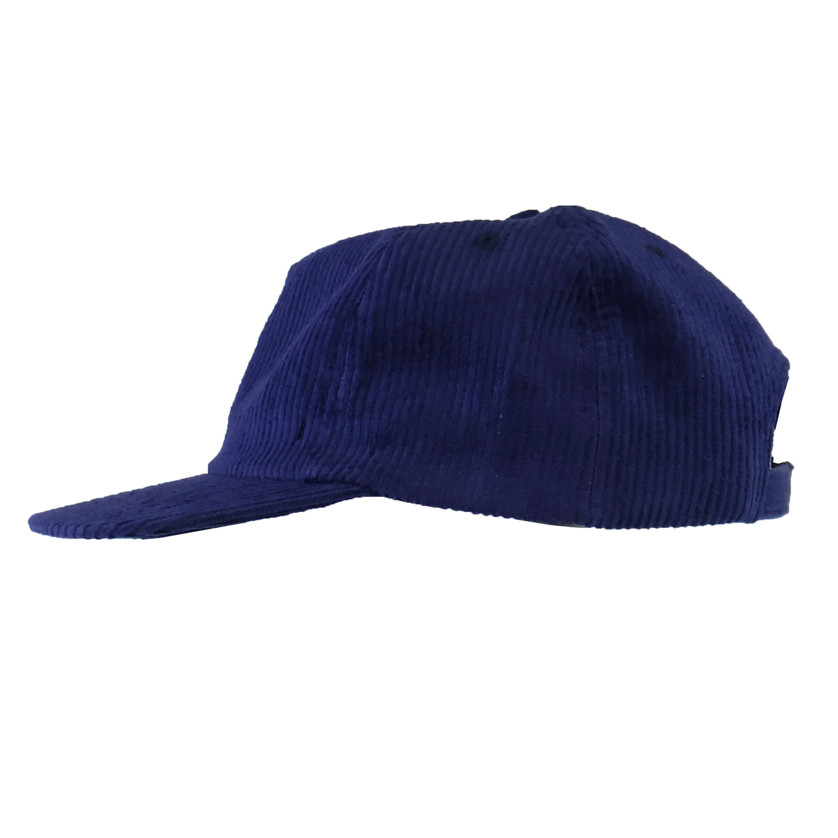 Side view of the EMB Weld USA Rugby Heritage Corduroy Hat, featuring blue corduroy fabric, a curved brim, and an adjustable back strap.
