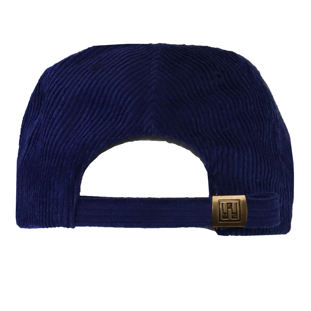 Back view of the EMB Weld USA Rugby Heritage Corduroy Hat, featuring navy blue corduroy, an adjustable strap, and a rectangular brass buckle.