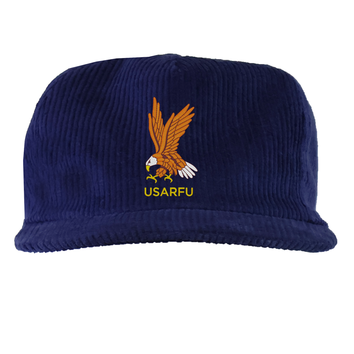 The EMB Weld USA Rugby Heritage Corduroy Hat in navy blue showcases an embroidered eagle above yellow "USARFU" text, celebrating vintage workwear and USA Rugby heritage.