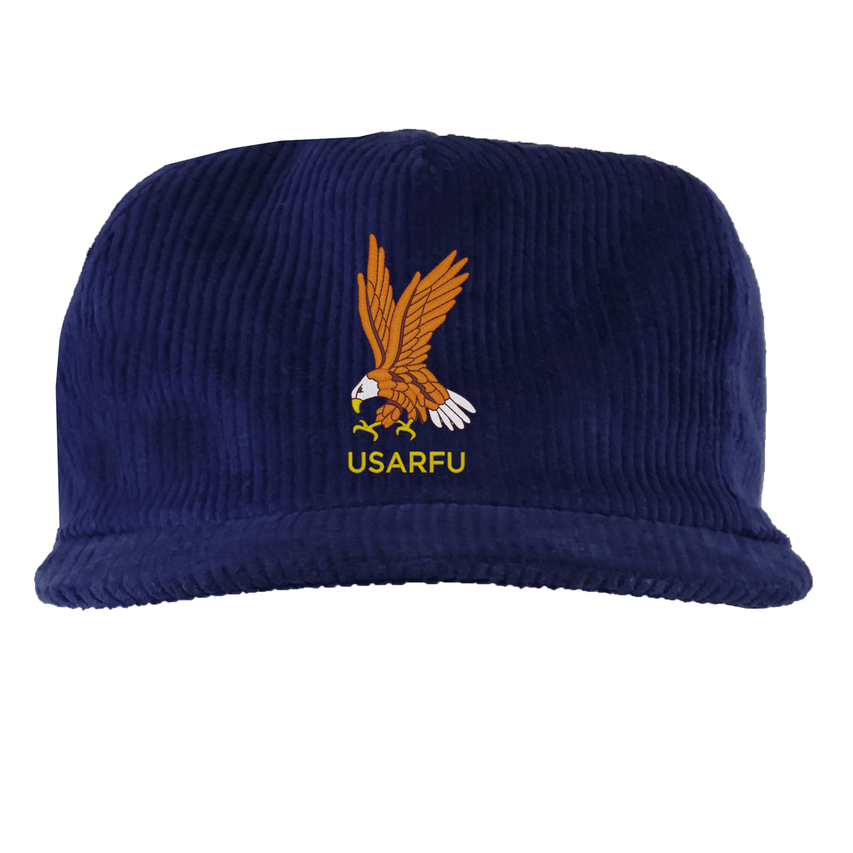 The EMB Weld USA Rugby Heritage Corduroy Hat in navy blue showcases an embroidered eagle above yellow "USARFU" text, celebrating vintage workwear and USA Rugby heritage.