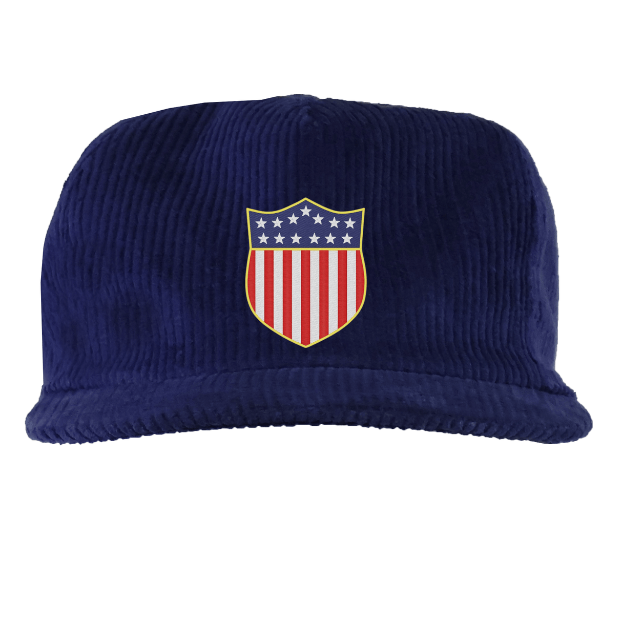 The EMB Weld USA Rugby Original Olympic Corduroy Hat, from the Through the Decades Collection, is navy blue with a shield emblem featuring red and white stripes plus white stars on a blue background.
