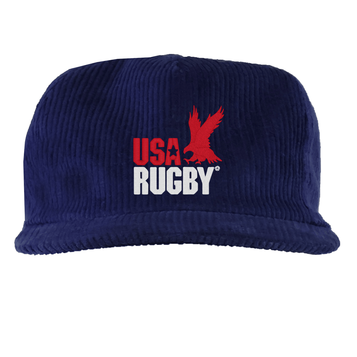 Part of the Through the Decades Collection, the EMB Weld USA Rugby Throwback Corduroy Hat features a navy design with an embroidered "USA RUGBY" text and red eagle logo on the front.