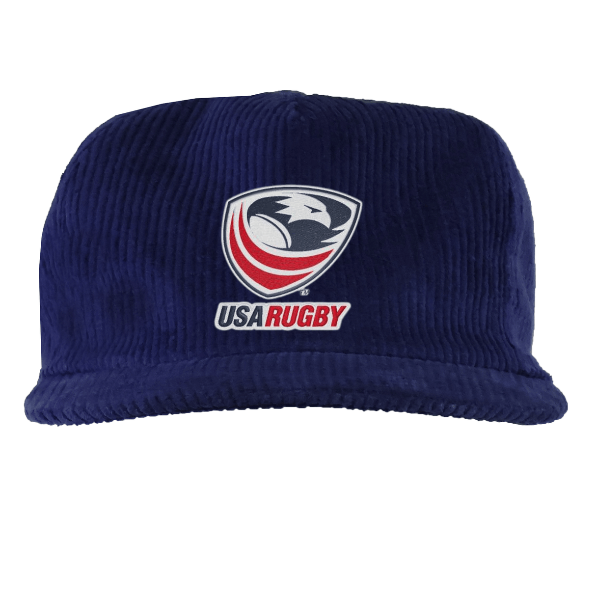 The EMB Weld USA Rugby Crest Corduroy Hat features dark blue corduroy, a front eagle graphic with bold "USA RUGBY" text, and is part of the Through the Decades Collection.