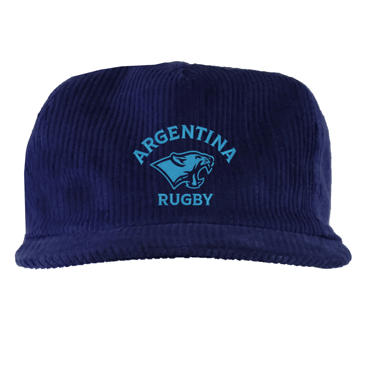 The EMB Weld Nations of Rugby Argentina Corduroy Field Trip Cap features "ARGENTINA RUGBY" and a puma head logo in light blue embroidery on navy, blending classic corduroy style with national rugby pride.