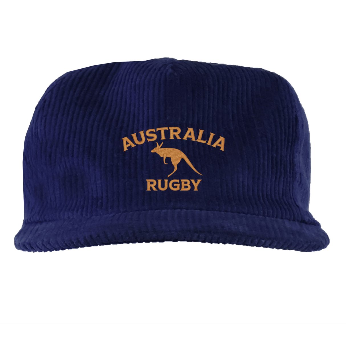 The EMB Weld Nations of Rugby Australia Corduroy Field Trip Cap is a navy blue cap with gold "AUSTRALIA RUGBY" text and a kangaroo graphic, perfect for fans.