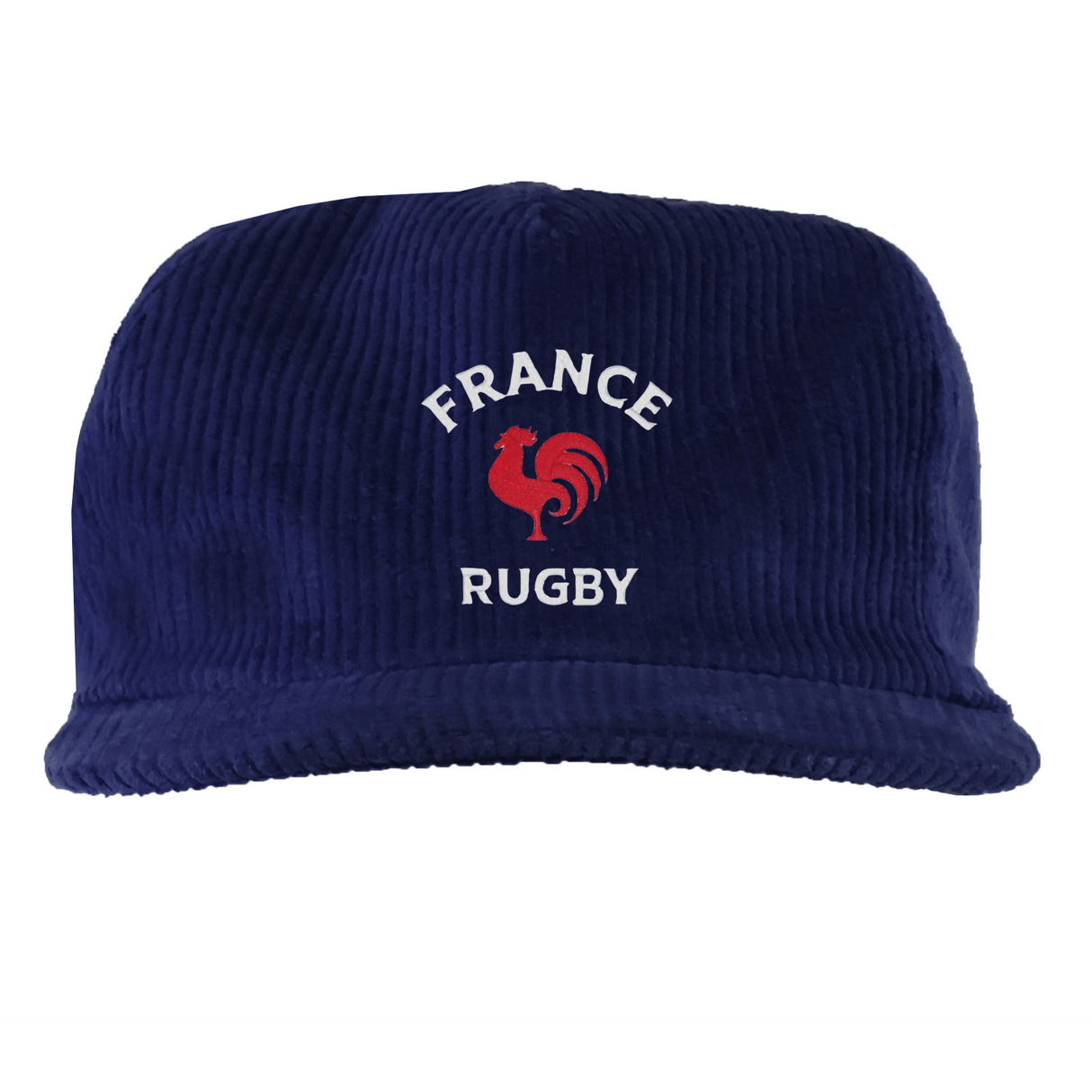 The EMB Weld Nations of Rugby France Corduroy Field Trip Cap is a blue 5-panel hat with "FRANCE RUGBY" and a red rooster logo embroidered on the front, celebrating France’s rugby heritage.