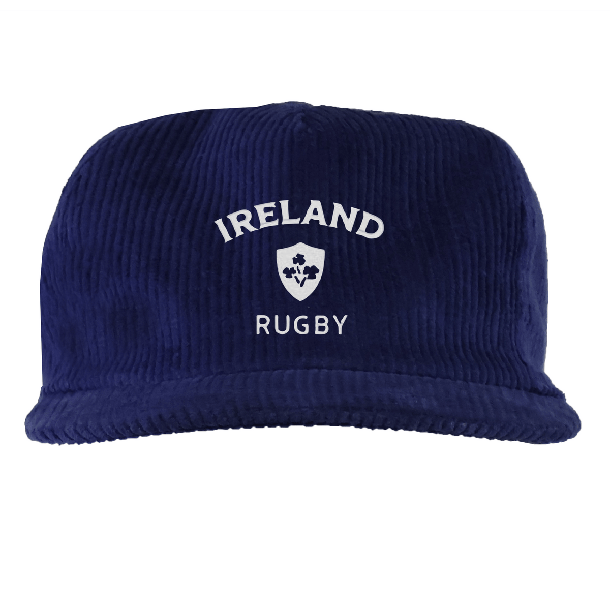 The EMB Weld Nations of Rugby Ireland Corduroy Field Trip Cap is a navy blue cap with white "Ireland Rugby" embroidery and a shamrock crest on the front.