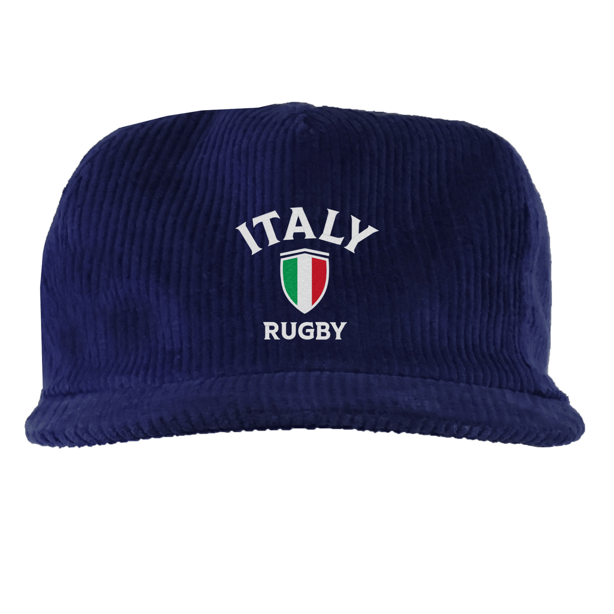 The EMB Weld Nations of Rugby Italy Corduroy Field Trip Cap features "ITALY RUGBY" and a tricolor shield embroidered on navy blue corduroy—perfect for fans seeking classic Italian rugby style.