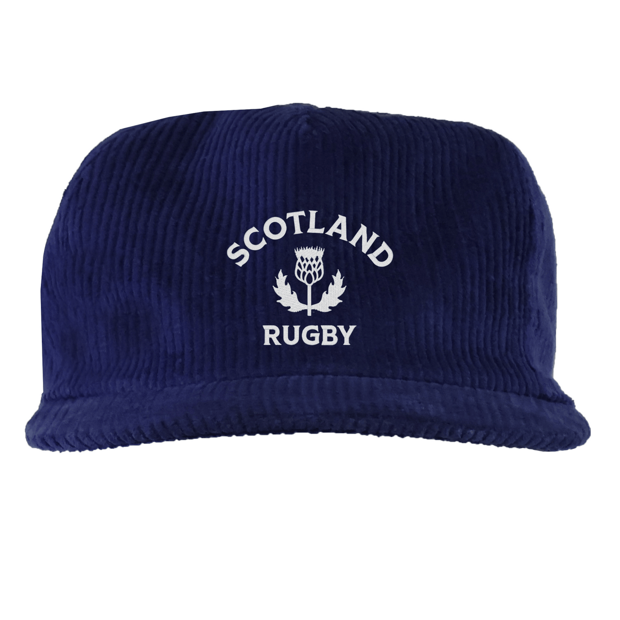 The EMB Weld Nations of Rugby Scotland Corduroy Field Trip Cap is a navy blue cap with "Scotland Rugby" and a white thistle emblem embroidered on the front—an ideal accessory for dedicated rugby fans.