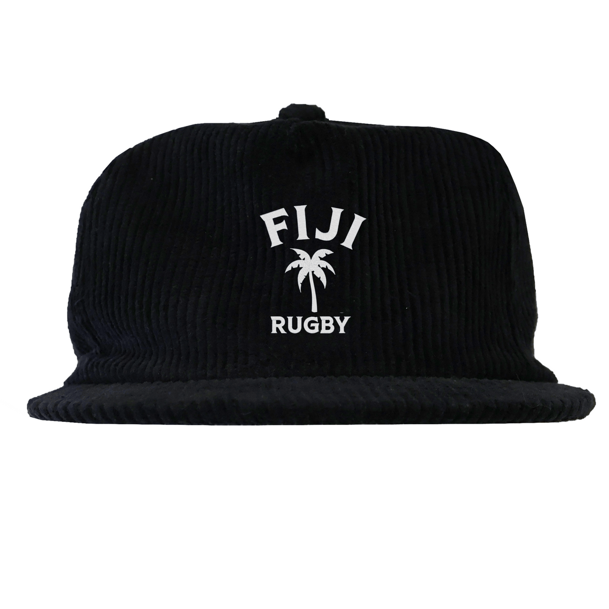 The EMB Weld Nations of Rugby Fiji Corduroy Field Trip Cap features black corduroy with white "FIJI RUGBY" embroidery and a palm tree graphic—a must-have for Fiji Rugby fans.