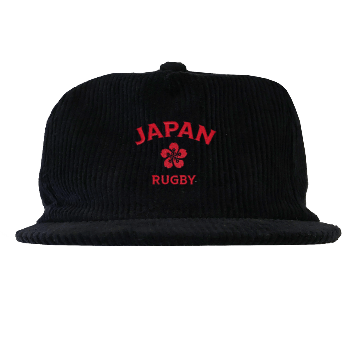 The EMB Weld Nations of Rugby Japan Corduroy Field Trip Cap features black corduroy, red “JAPAN” and “RUGBY” embroidery, and a striking central red emblem—ideal for rugby fans supporting Japan.