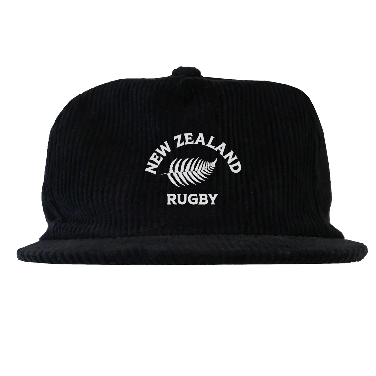 The EMB Weld Nations of Rugby New Zealand Corduroy Field Trip Cap is a vintage-style black hat featuring "NEW ZEALAND RUGBY" and a white fern embroidered on the front.