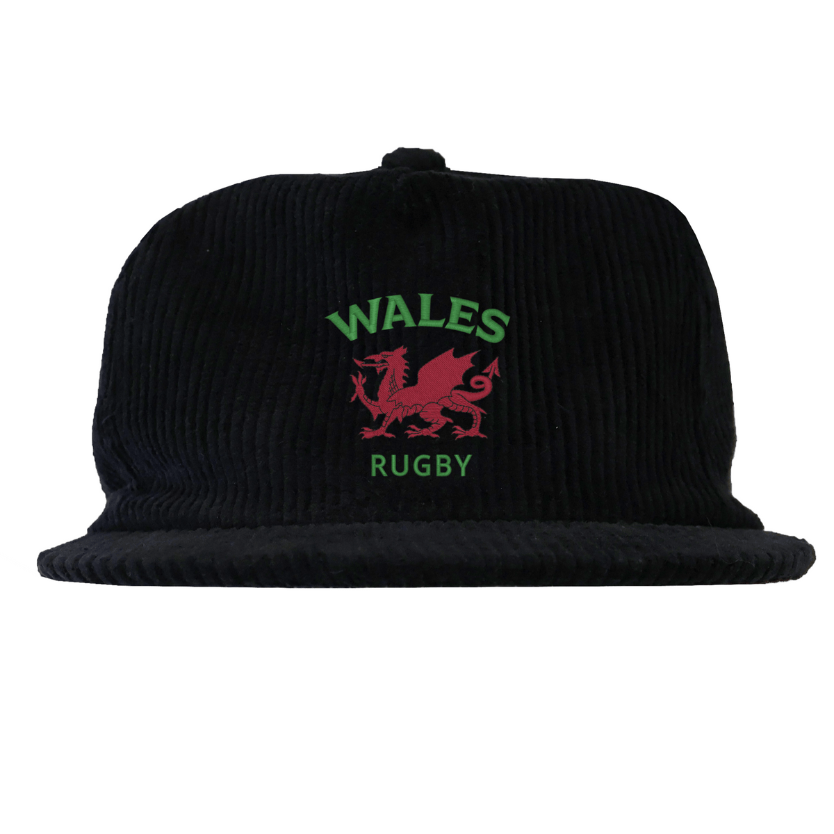 The EMB Weld Nations of Rugby Wales Corduroy Field Trip Cap is a black corduroy cap with a red Welsh dragon and "WALES RUGBY" embroidered in green and red—perfect for Wales Rugby fans.