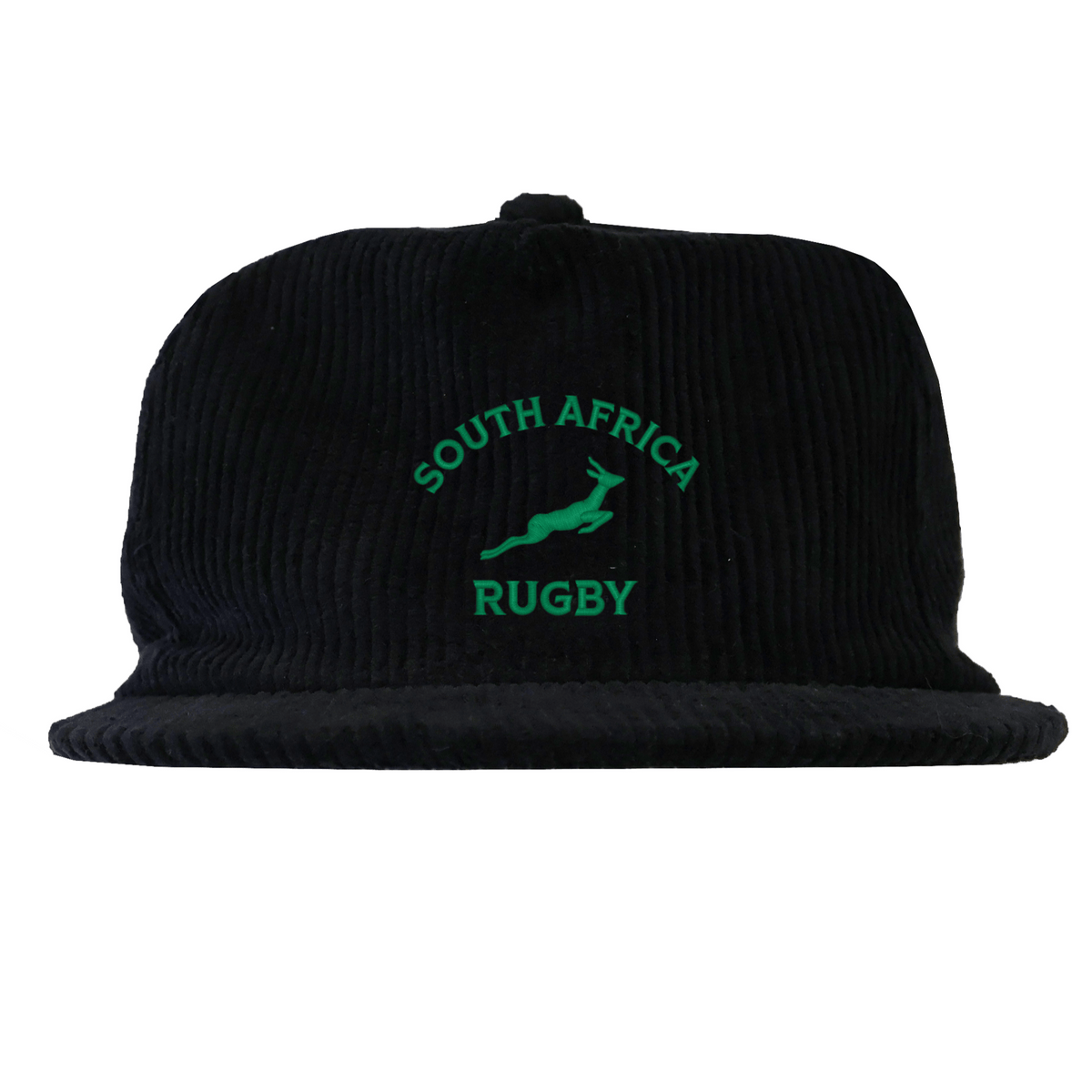 The EMB Weld Nations of Rugby South Africa Corduroy Field Trip Cap features black corduroy with "South Africa Rugby" and a green springbok logo—ideal for showing your support.