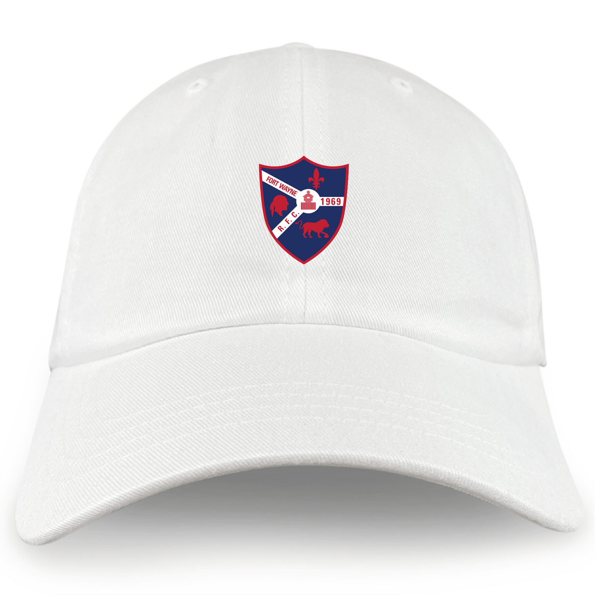 The EMB S&S Activewear Fort Wayne Rugby Adult Low-Profile Cotton Twill Dad Cap features embroidered team branding with a blue and red crest, fleur-de-lis, bison, bear, plus "1958" and "New York" on the front.