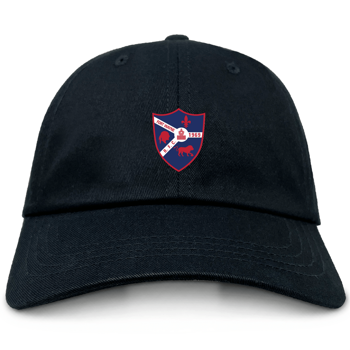 The Fort Wayne Rugby Adult Low-Profile Cotton Twill Dad Cap by EMB S&S Activewear features a black design with embroidered team branding—a red and blue shield emblem with white animals and "1958" on the front.