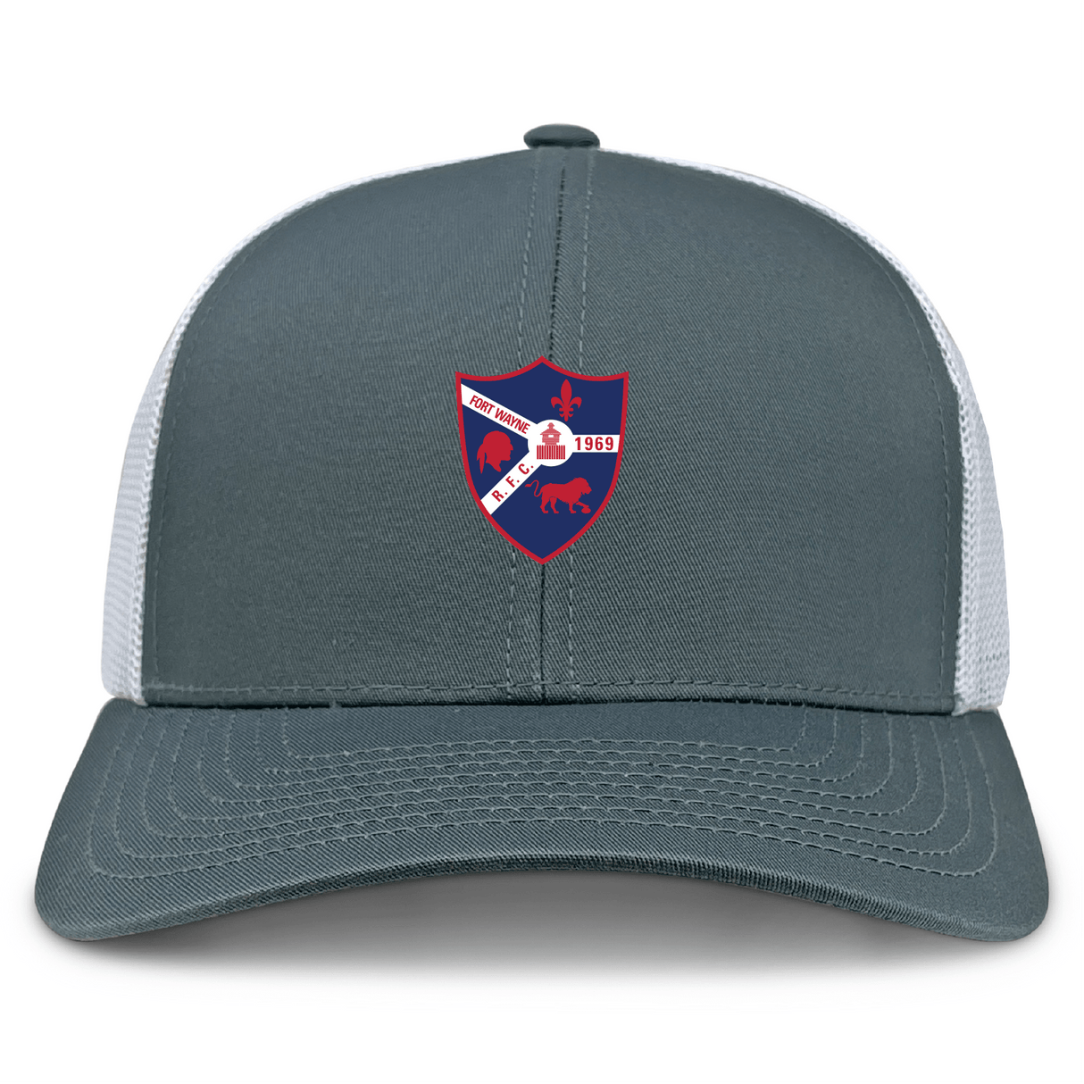The Fort Wayne Rugby Retro Trucker Cap by EMB S&S Activewear features a gray and white polyester-cotton blend, a red and blue animal shield logo with "1969" on the front, and an adjustable snapback closure.