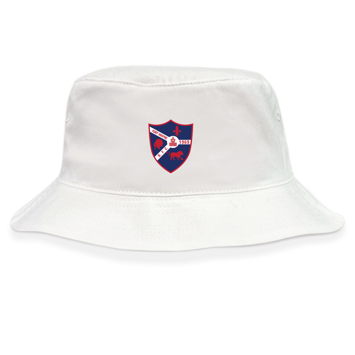 The Fort Wayne Rugby Crusher Bucket Cap by EMB S&S Activewear is a white cotton twill hat with a red and blue crest featuring a lion, book, and "1857" on the front—offering stylish sun protection.