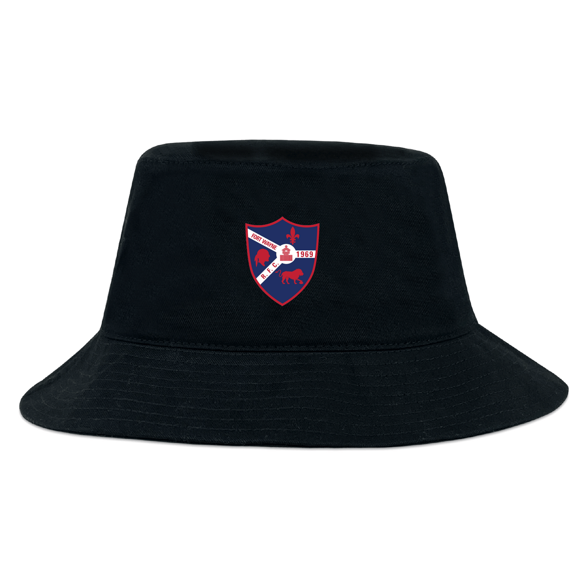 The Fort Wayne Rugby Crusher Bucket Cap by EMB S&S Activewear is a black cotton twill hat with a red and blue crest featuring a soccer ball, star, animals, and "1959," combining style with sun protection.