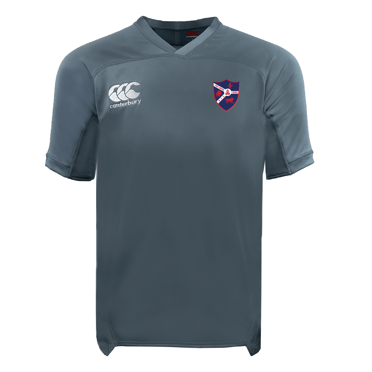 The Fort Wayne Rugby Vapodri Evader Jersey by EMB Canterbury is a gray sports jersey with a red and blue shield emblem, the "Canterbury" logo on the chest, and features moisture-wicking technology.