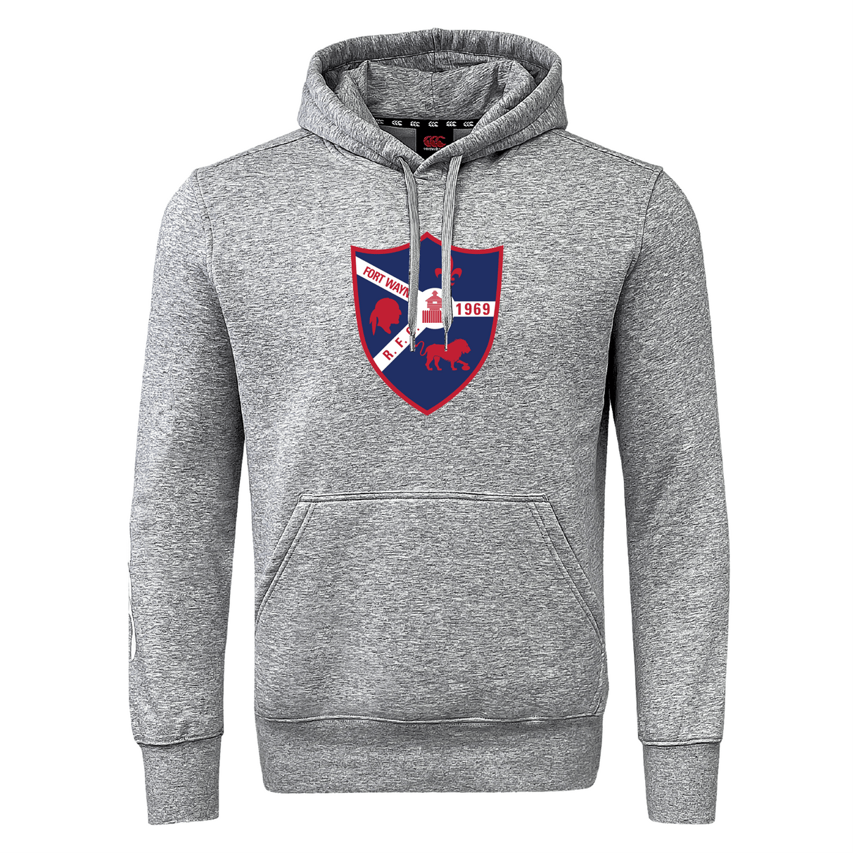The Fort Wayne Rugby Club Hoodie by WRS Canterbury offers iconic style with a gray hooded sweatshirt featuring a shield emblem in red and blue with bison and 1969 text. Optional customization is available to make it uniquely yours.