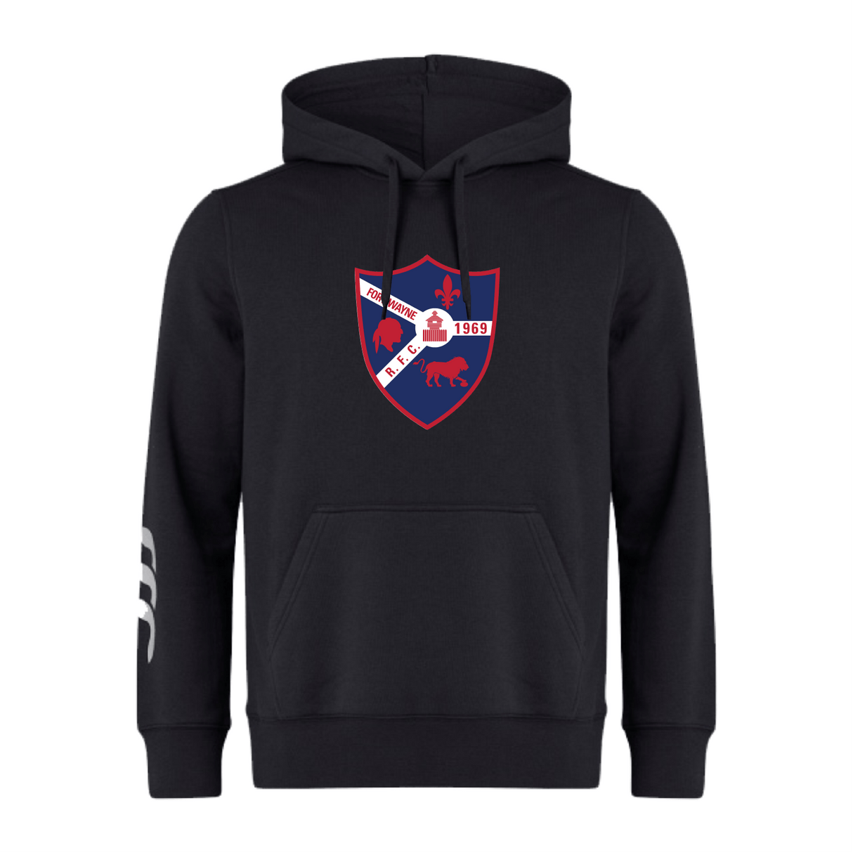 The Fort Wayne Rugby Club Hoodie by WRS Canterbury features a black design with a crest showcasing a fleur-de-lis, castle, and horse, plus "THE PRIDE 1969" in red and white. Made from sweatshirt fleece for comfort, it includes Canterbury branding on the left sleeve.