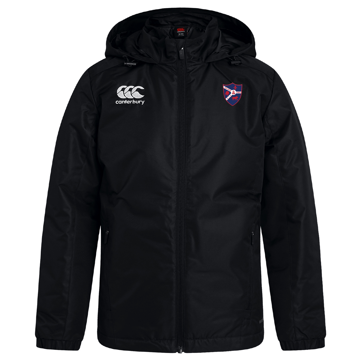 The Fort Wayne Rugby Club Vaposhield Stadium Jacket by EMB Canterbury is a black jacket featuring a hood, the Canterbury logo on the right chest, and a shield emblem on the left chest, designed with Vaposhield technology to make it your go-to water-repellent stadium jacket.