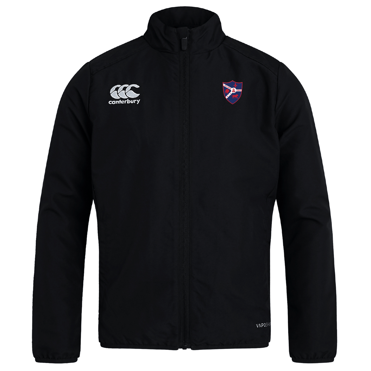 The Fort Wayne Rugby Club Track Jacket by EMB Canterbury is a lightweight black jacket featuring the club crest on the right chest and Canterbury logo on the left. It offers a water-repellent finish, front zipper, and long sleeves for style and practicality.