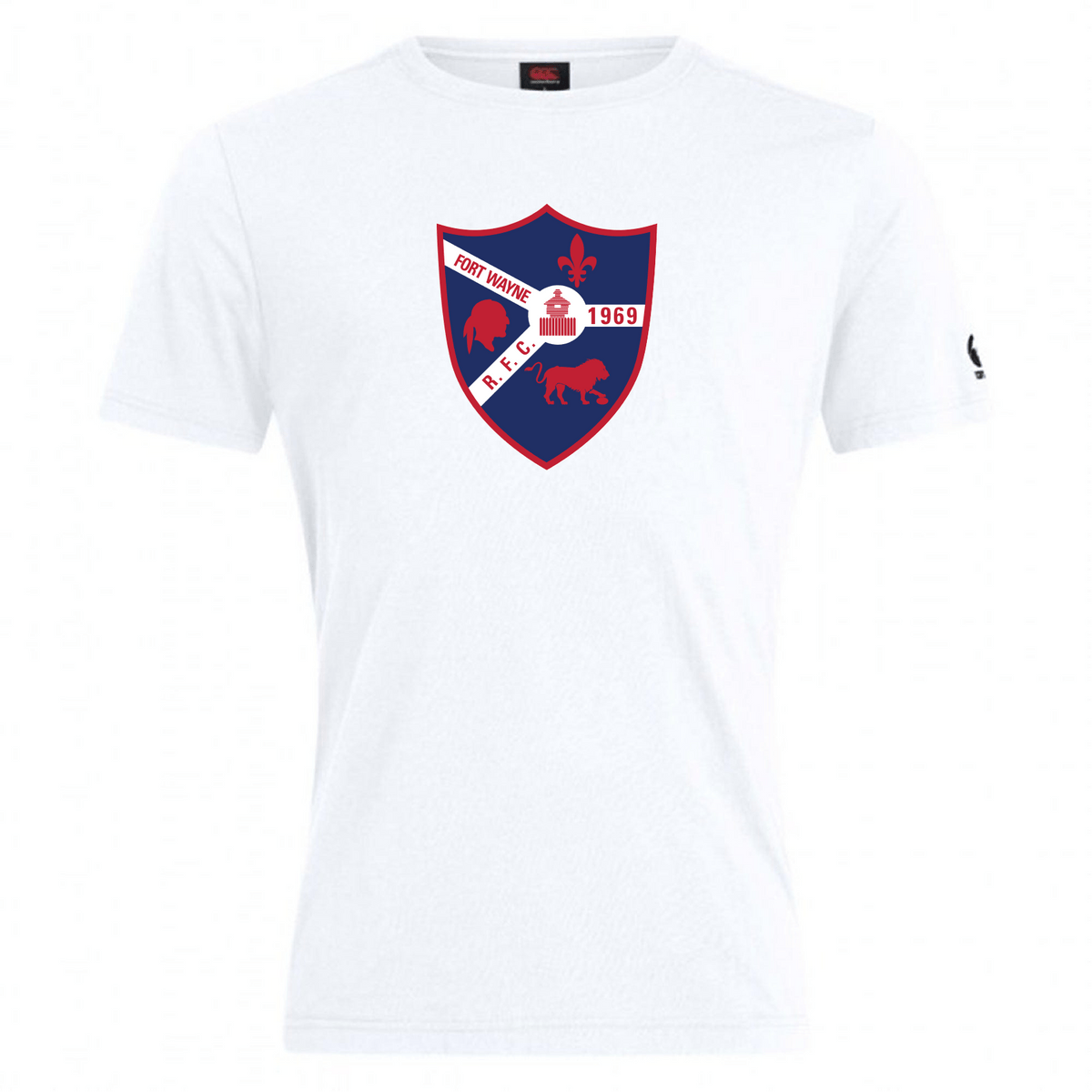 The Fort Wayne Rugby Club Plain Tee by WRS Canterbury is a white cotton-heavy shirt featuring a red and blue shield logo with "Fort Wayne" text, a fleur-de-lis, castle silhouette, and the year 1969, combining timeless comfort and style.