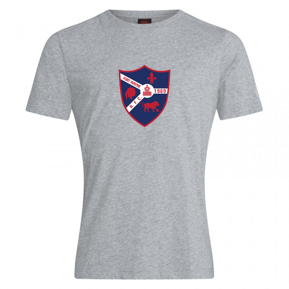 The Fort Wayne Rugby Club Plain Tee by WRS Canterbury is a gray T-shirt made with a cotton-rich blend. It features a colorful crest with red, blue, white hues and displays a fleur-de-lis, lion, chess knight along with "Fort Worth" and "1968," combining style and comfort.